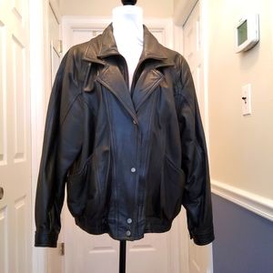 Black leather bomber jacket